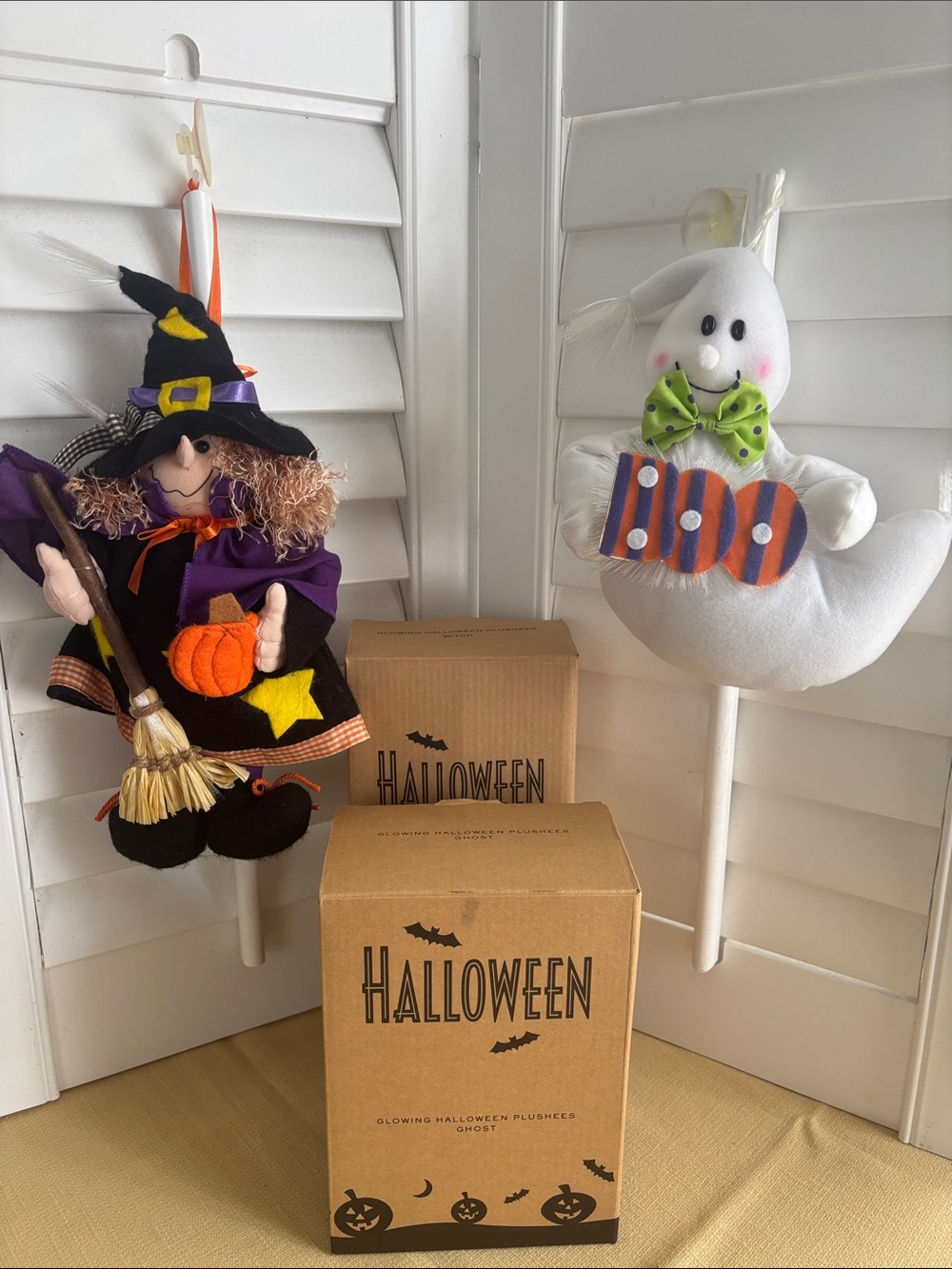 Vintage Avon Halloween Witch & Ghost Plush Window Ornaments w/ Boxes